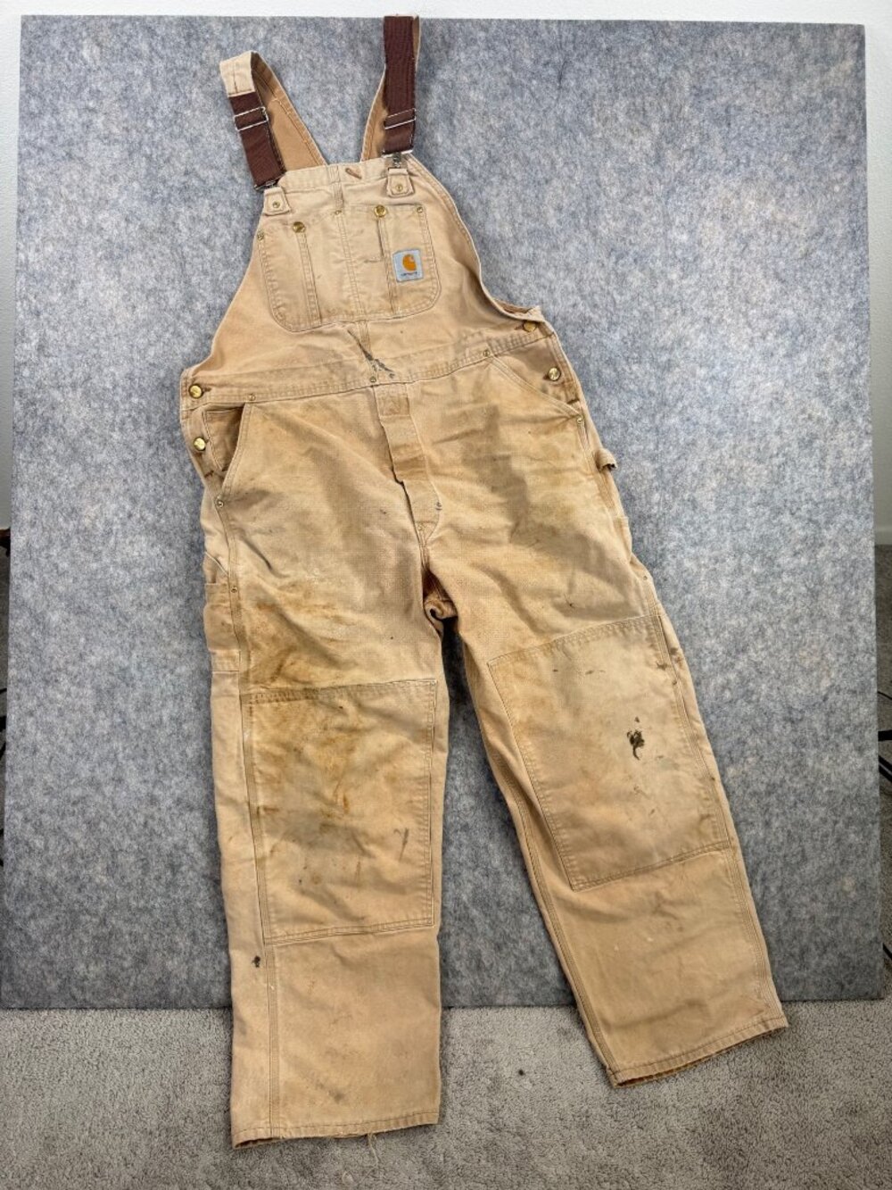 Carhartt Mens Overalls Distressed Bib Canvas Sz 42 Waist Tan